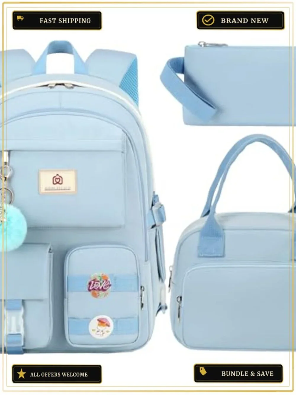 School Backpack for Teen Girls with Lunch Box and Pencil Case Set, 3-in-1